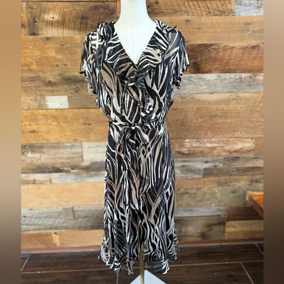 MSK Zebra Animal Print Sheer A-Line tie Dress black liner - Picture 1 of 10